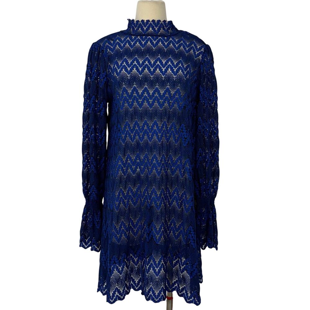 Free People Simone Lace Mini Dress Long Sleeve Zig Zag Cobalt Blue L No Slip